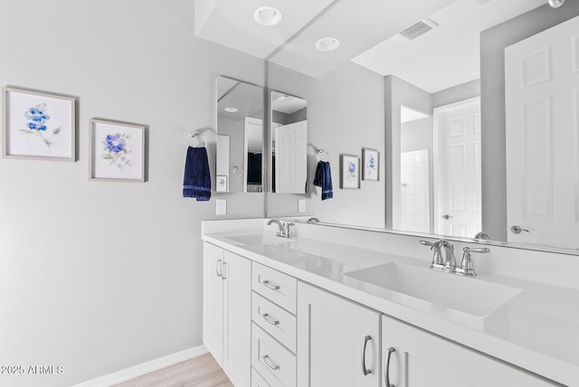 bathroom featuring baseboards, visible vents, a sink, and double vanity