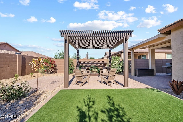 view of patio / terrace featuring a pergola, area for grilling, and a fenced backyard