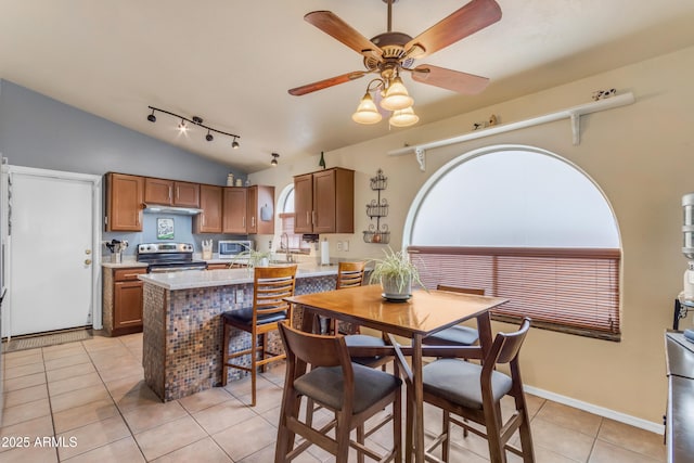 kitchen featuring lofted ceiling, stainless steel appliances, sink, ceiling fan, and light tile patterned flooring