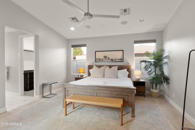 6450 E Vernon Ave, Scottsdale, AZ 85257 - bedroom featuring lofted ceiling, baseboards, ceiling fan, and recessed lighting