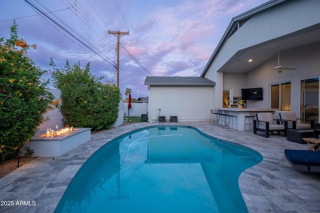 6450 E Vernon Ave, Scottsdale, AZ 85257 - view of swimming pool with a fire pit, a patio, and a ceiling fan