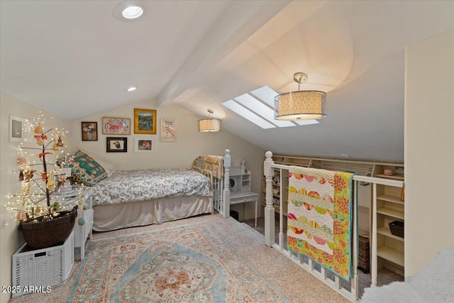 bedroom featuring vaulted ceiling with skylight and recessed lighting