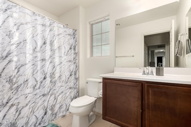 full bath with tile patterned flooring, toilet, vanity, and a shower with curtain