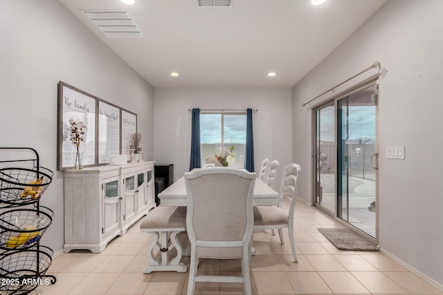 dining space with light tile patterned floors, visible vents, baseboards, and recessed lighting