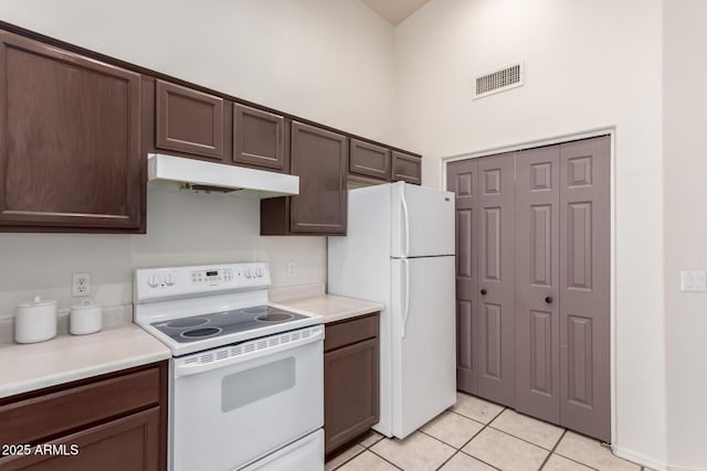 14216 N Saguaro Blvd Unit A, Fountain Hills, AZ 85268 - kitchen with visible vents, dark brown cabinetry, white appliances, under cabinet range hood, and light tile patterned floors