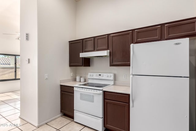 14216 N Saguaro Blvd Unit A, Fountain Hills, AZ 85268 - kitchen featuring dark brown cabinetry, light countertops, under cabinet range hood, white appliances, and light tile patterned flooring