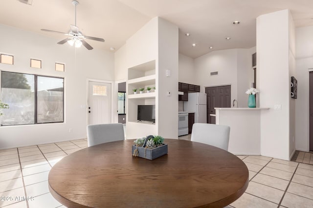 14216 N Saguaro Blvd Unit A, Fountain Hills, AZ 85268 - dining room with light tile patterned floors, high vaulted ceiling, a ceiling fan, and recessed lighting