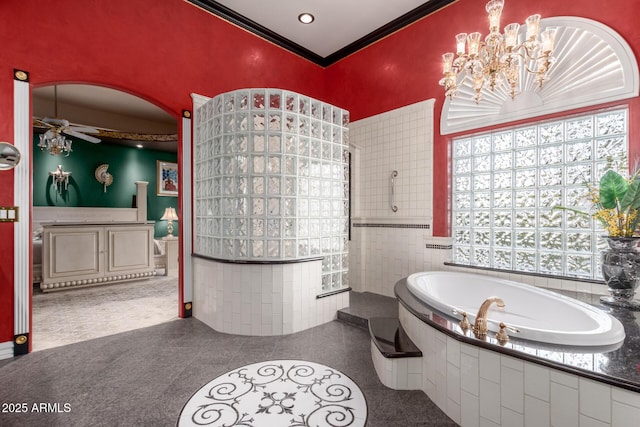 bathroom featuring ceiling fan with notable chandelier, ornamental molding, and separate shower and tub