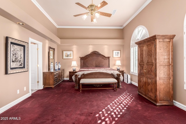 carpeted bedroom featuring ornamental molding and ceiling fan