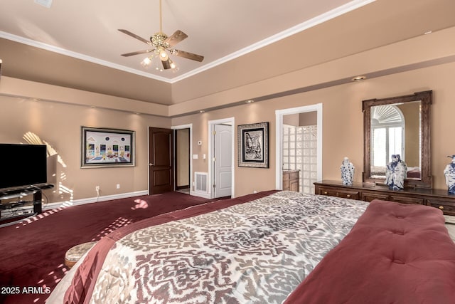 bedroom featuring ornamental molding, connected bathroom, and ceiling fan