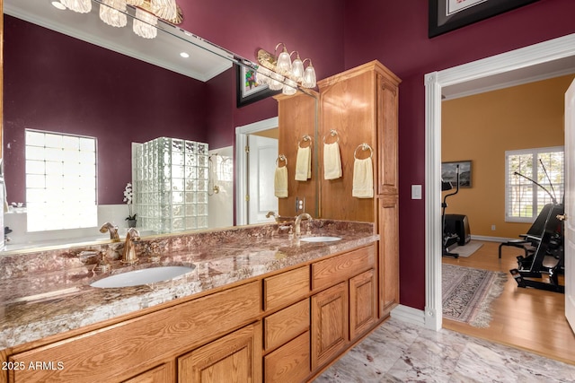 bathroom featuring ornamental molding and vanity