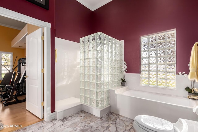 bathroom featuring toilet, ornamental molding, and plus walk in shower