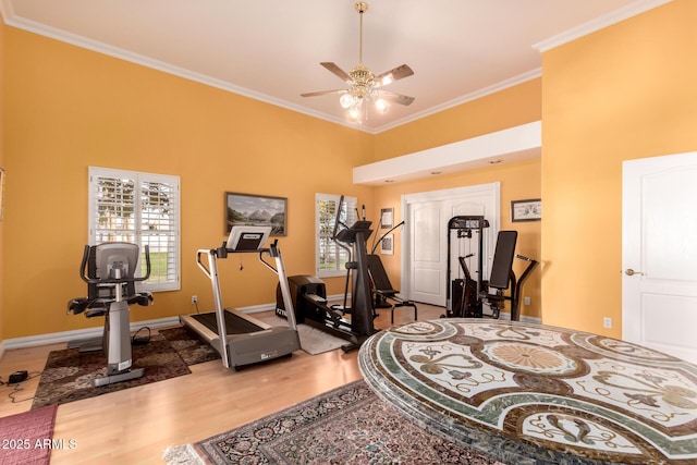 workout area featuring ceiling fan, a towering ceiling, ornamental molding, and wood-type flooring