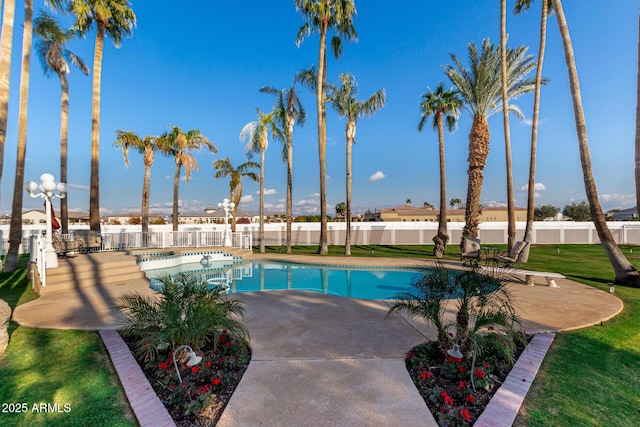 view of pool with a yard and a patio area