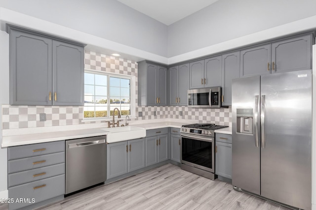 kitchen with appliances with stainless steel finishes, sink, backsplash, and light wood-type flooring