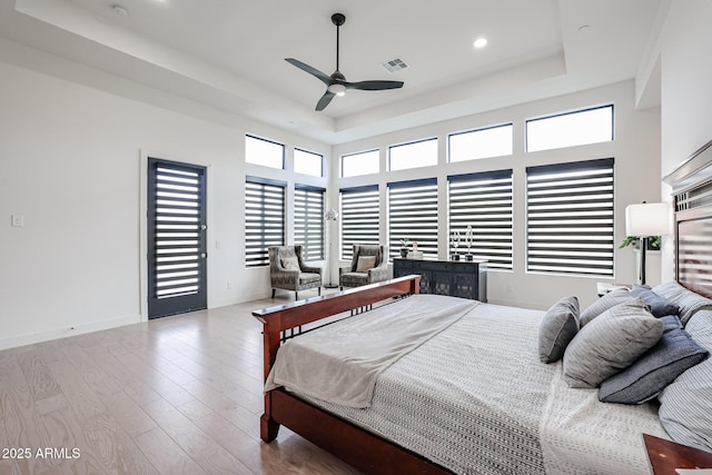 bedroom featuring multiple windows, a tray ceiling, and wood finished floors