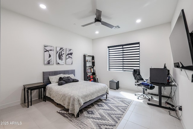 bedroom featuring light tile patterned flooring, ceiling fan, recessed lighting, baseboards, and visible vents