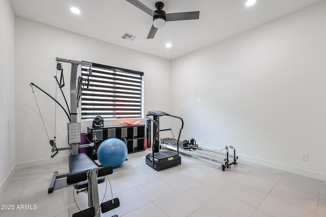 exercise room with visible vents, recessed lighting, baseboards, and ceiling fan