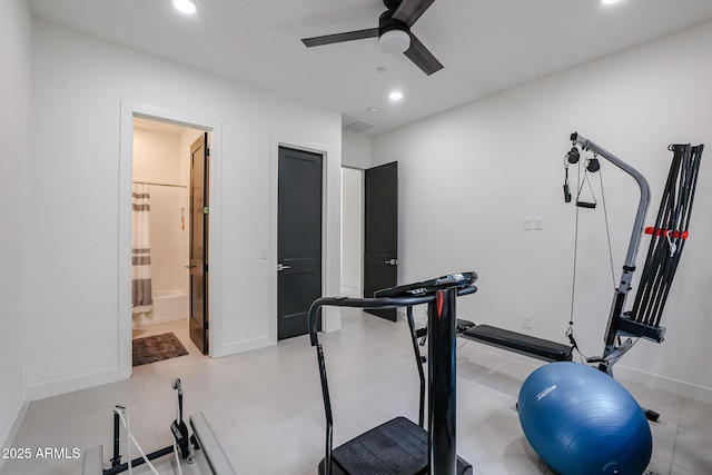 exercise area with recessed lighting, ceiling fan, visible vents, and baseboards
