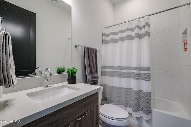 full bathroom featuring vanity, shower / bathtub combination with curtain, and toilet