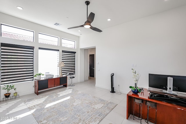 tiled office with a ceiling fan, baseboards, visible vents, and recessed lighting