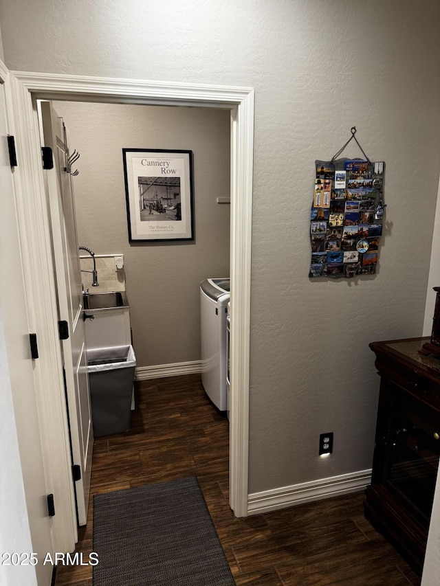 10704 E Twister Ave, Mesa, AZ 85212 - laundry area with washing machine and dryer, dark wood-type flooring, and baseboards