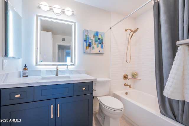 full bathroom featuring shower / tub combo, vanity, and toilet