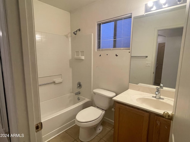 full bathroom featuring shower / tub combination, tile patterned flooring, vanity, and toilet