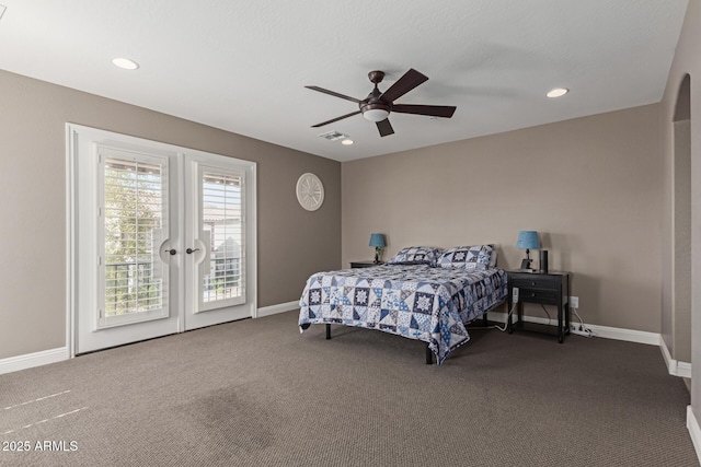 carpeted bedroom featuring recessed lighting, visible vents, ceiling fan, access to outside, and baseboards