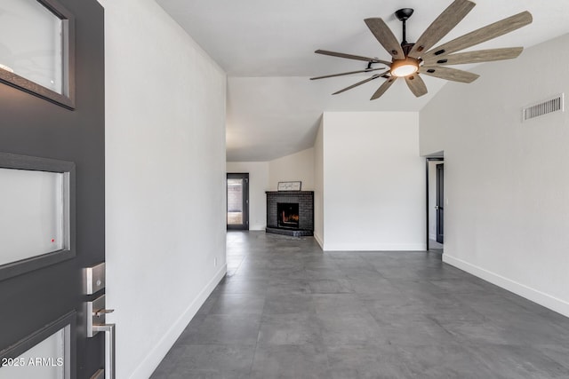 3011 E John Cabot Dr, Phoenix, AZ 85032 - unfurnished living room featuring ceiling fan, baseboards, a fireplace, high vaulted ceiling, and concrete flooring