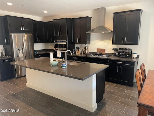 2364 N 212th Ave, Buckeye, AZ 85396 - kitchen featuring wall chimney range hood, stainless steel appliances, a sink, dark cabinetry, and dark countertops
