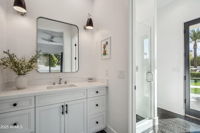 bathroom featuring a shower with door, vanity, and plenty of natural light