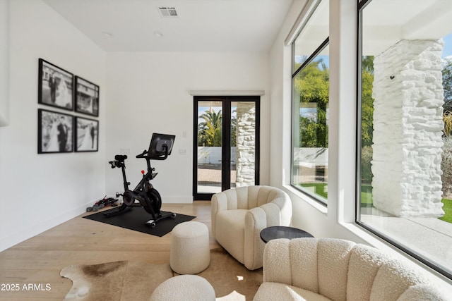 workout area featuring light hardwood / wood-style flooring and french doors