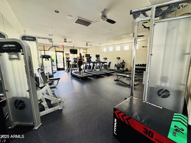 gym featuring ceiling fan and a healthy amount of sunlight