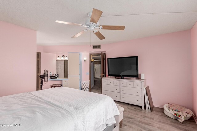 bedroom featuring light hardwood / wood-style flooring and ceiling fan