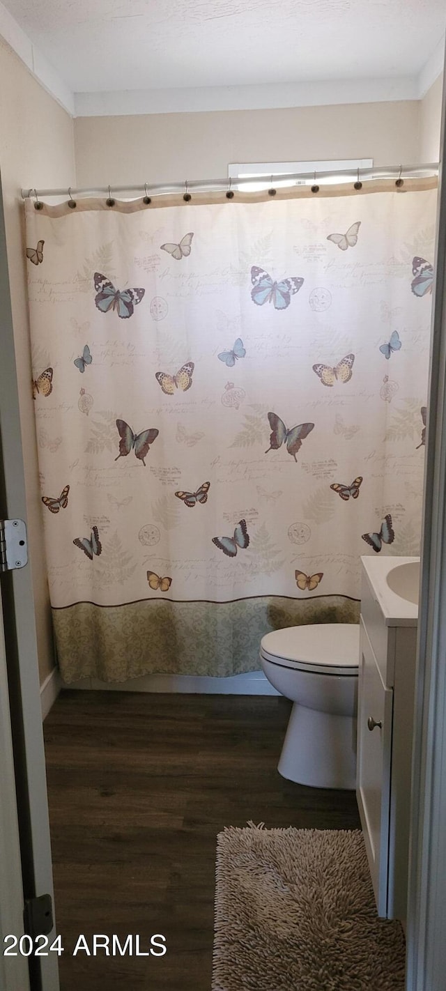 bathroom featuring vanity, a shower with curtain, hardwood / wood-style flooring, and toilet