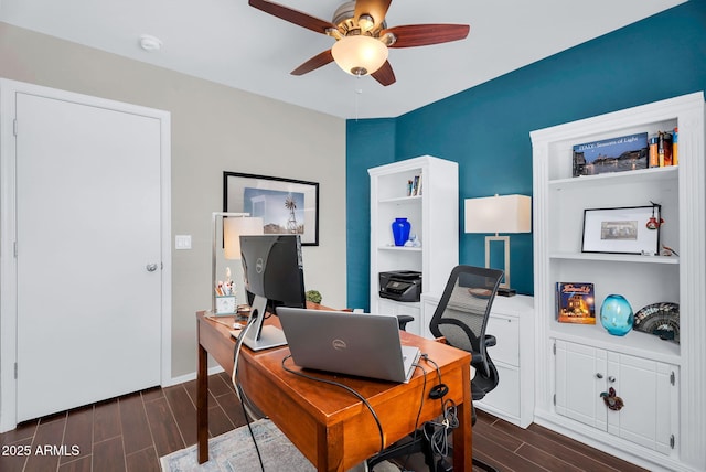 office featuring dark wood finished floors and ceiling fan