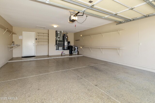 garage with baseboards, heating unit, water heater, and a garage door opener