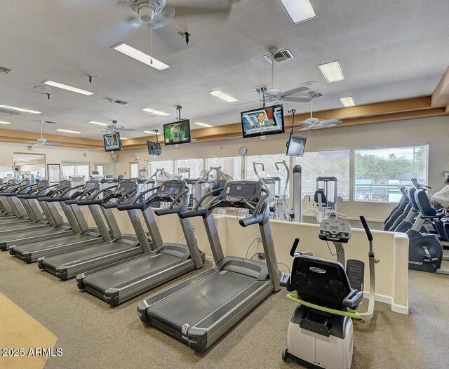 exercise room with carpet floors, a ceiling fan, and visible vents
