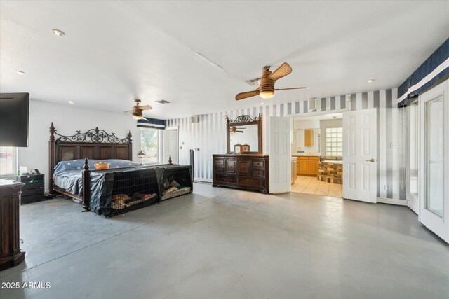 12501 E Cloud Rd, Chandler, AZ 85249 - bedroom featuring ensuite bath, visible vents, concrete flooring, and a ceiling fan
