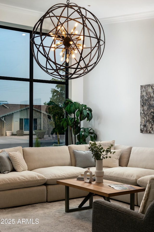 living area featuring ornamental molding