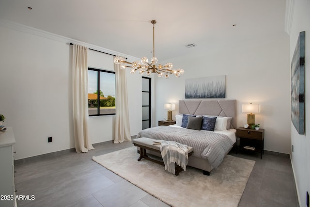 bedroom featuring baseboards, ornamental molding, visible vents, and an inviting chandelier