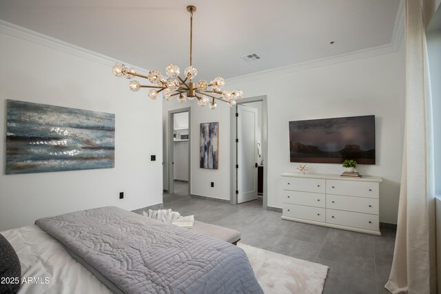 bedroom featuring a chandelier, visible vents, crown molding, and baseboards