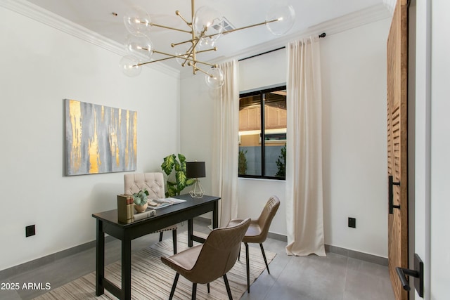 office featuring baseboards and crown molding