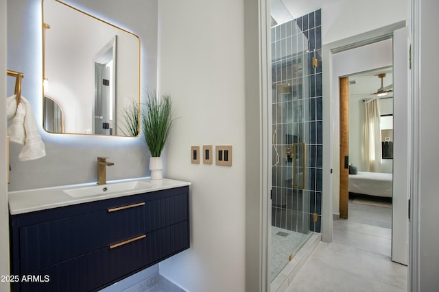 bathroom featuring ensuite bath, a shower stall, and vanity