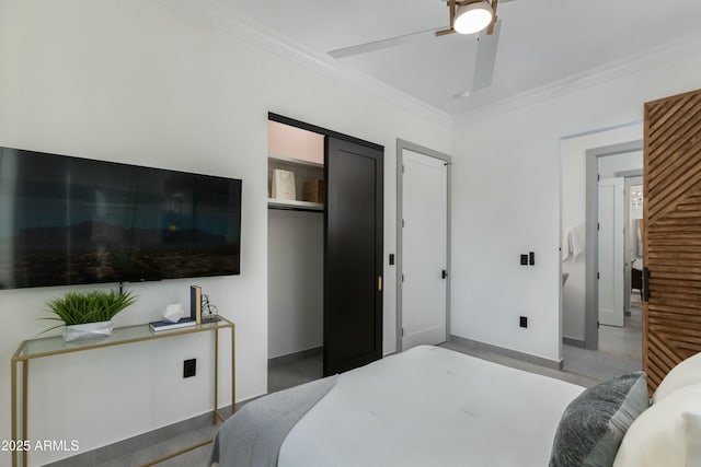 bedroom featuring baseboards, a ceiling fan, and crown molding