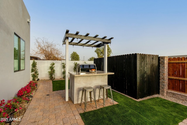 view of yard with a fenced backyard, outdoor dry bar, exterior kitchen, a pergola, and a patio area