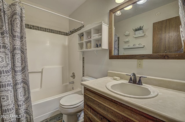 full bathroom featuring shower / bath combination with curtain, vanity, and toilet