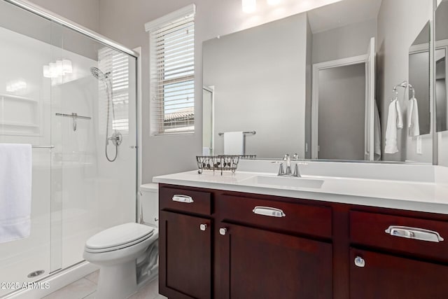 1036 W Siebold Tree Ave, Queen Creek, AZ 85140 - bathroom with toilet, a stall shower, tile patterned flooring, and vanity