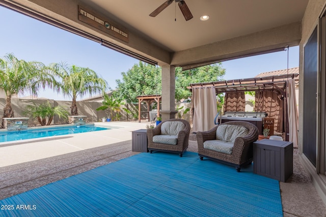 1036 W Siebold Tree Ave, Queen Creek, AZ 85140 - fenced backyard with ceiling fan, a patio, and a hot tub